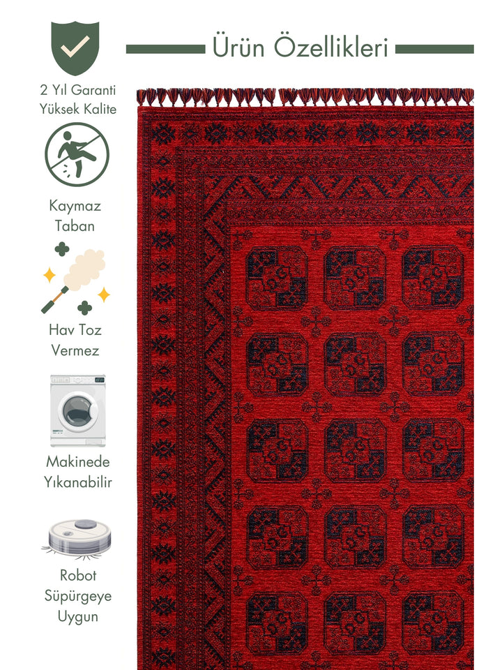 Uyghur Afghan Yagcibedir Patterned Washable Non-Slip Living Room Hall Hallway Fine Woven Carpet 01 RED